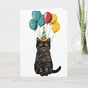 Party-dagskort för katter - Cute Black Cat med Bol Kort