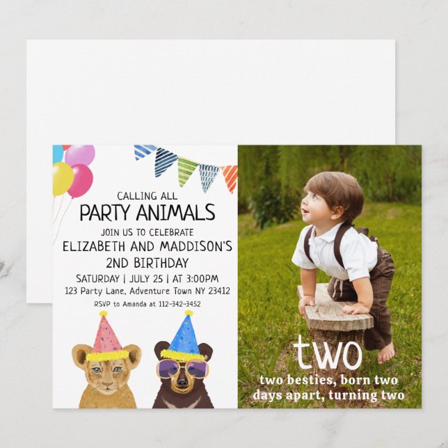 Party djur 2:a födelsedagen inbjudningar (Fram/baksida)