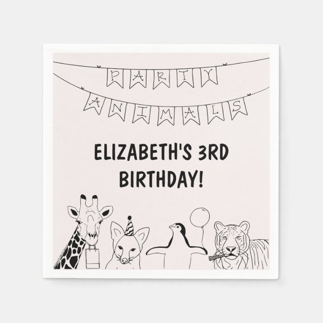 Party-djur hand plockade doodle-barn pappersservett (Framsidan)