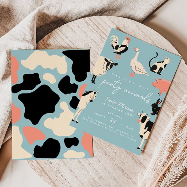Party-djur | Kokutskrift för barn, Boskap Inbjudningar (Stand out with this modern and fun-filled farm-themed birthday invitation!)