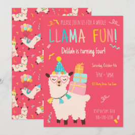Party Djur Lama Födelsedagsflickor Rosa Inbjudningar