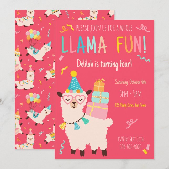 Party Djur Lama Födelsedagsflickor Rosa Inbjudningar (Fram/baksida)