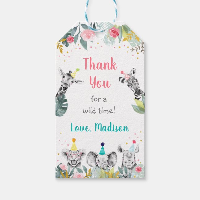 Party Djurens Rosa Guld Safari Birthday Tack Presentetikett (Framsidan)