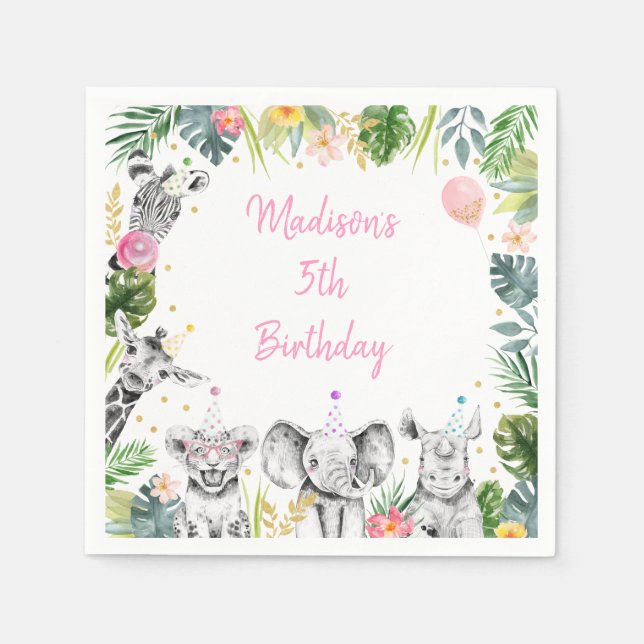 Party Djurens Rosa Tropical Safari Birthday Guld Pappersservett (Framsidan)
