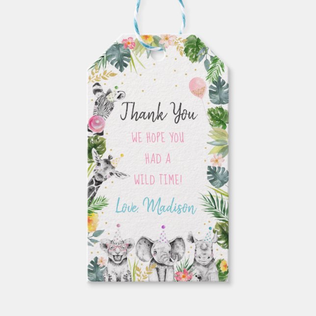 Party Djurs Rosa Guld Safari Tropiska födelsedag Presentetikett (Framsidan)