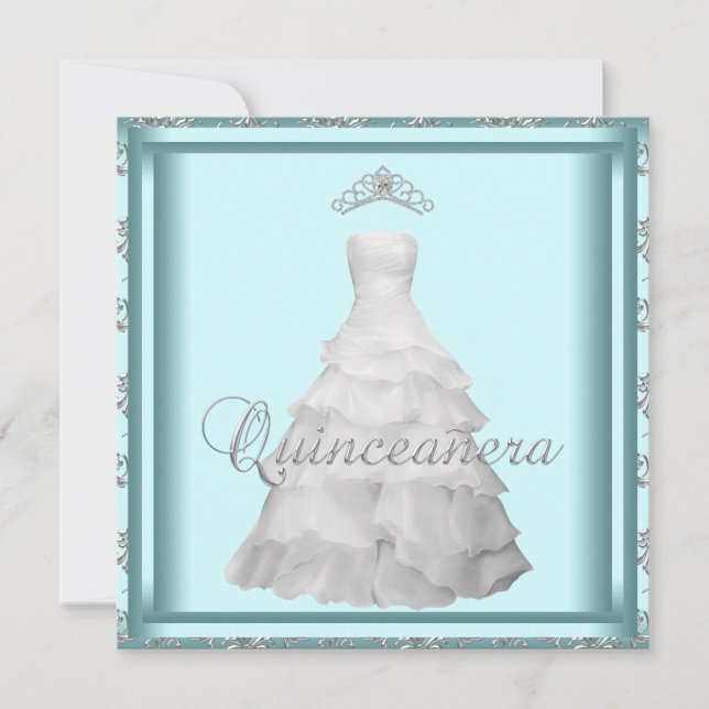 Party Dress Tiara Teal Blue White Quinceanera Inbjudningar (Framsida)