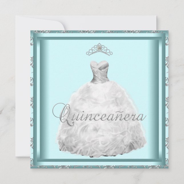 Party Dress Tiara Teal Blue White Quinceanera Inbjudningar (Framsida)