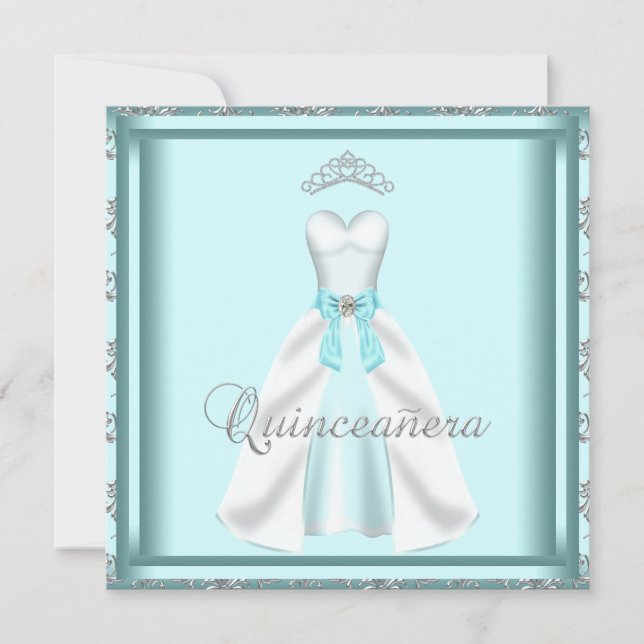 Party Dress Tiara Teal Damask Quinceanera Inbjudningar (Framsida)