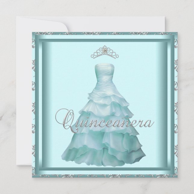 Party Dress Tiara Teal Damask Quinceanera Inbjudningar (Framsida)