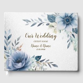 Party Dusty Blue Watercolor Flowers Silver Elegant Gästböcker