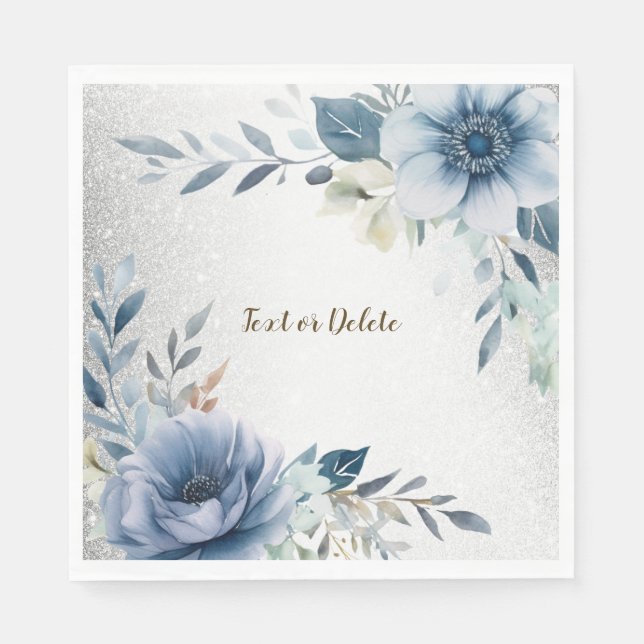 Party Dusty Blue Watercolor Flowers Silver Elegant Pappersservett (Framsidan)