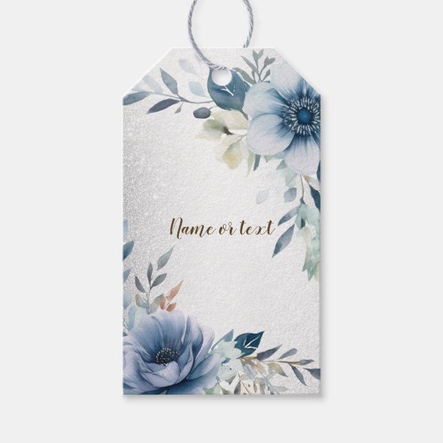 Party Dusty Blue Watercolor Flowers Silver Elegant Presentetikett (Framsidan)
