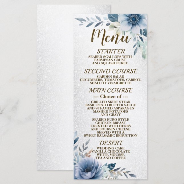Party Dusty Blue Watercolor Flowers Silver Shiny Meny (Fram/baksida)