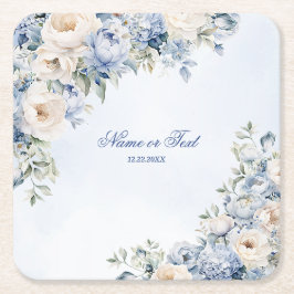 Party Dusty Blue Watercolor Ivory Flowers Löv Underlägg Papper Kvadrat