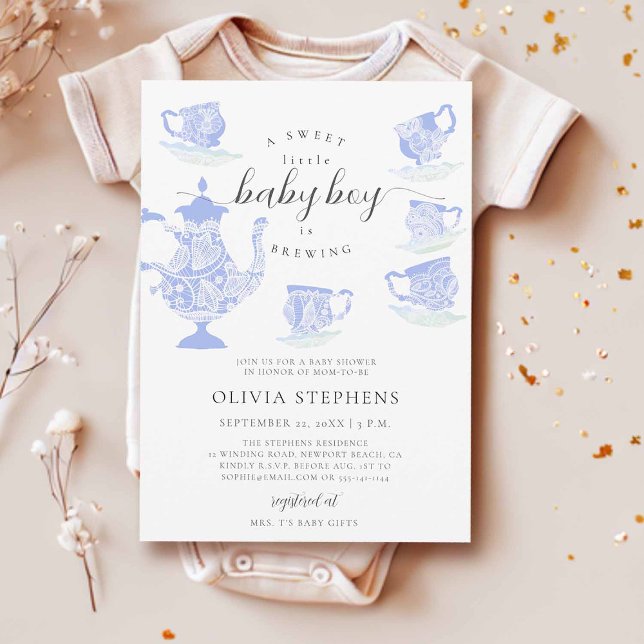 Party Elegant Boho Snöre Set Pojke Shower Inbjudningar (baby brewing tea party invitation boy blue lace tea set elegant modern boho chic cute watercolor)