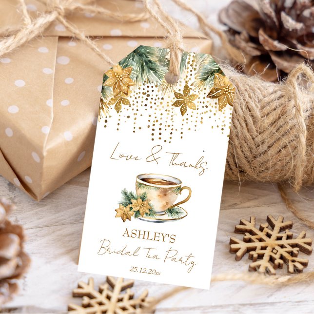 Party favo, möhippa på julvintern presentetikett (Boho Christmas winter bridal shower tea party favor Gift Tags gold poinsettia pines tea cup favors)