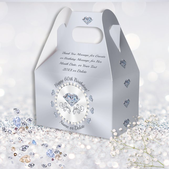Party favors för 60:e födelsedagsidéer, Personlig Presentaskar (60th wedding anniversary favors, boxes. Diamond anniversary party supplies. Diamonds and Pearls!)