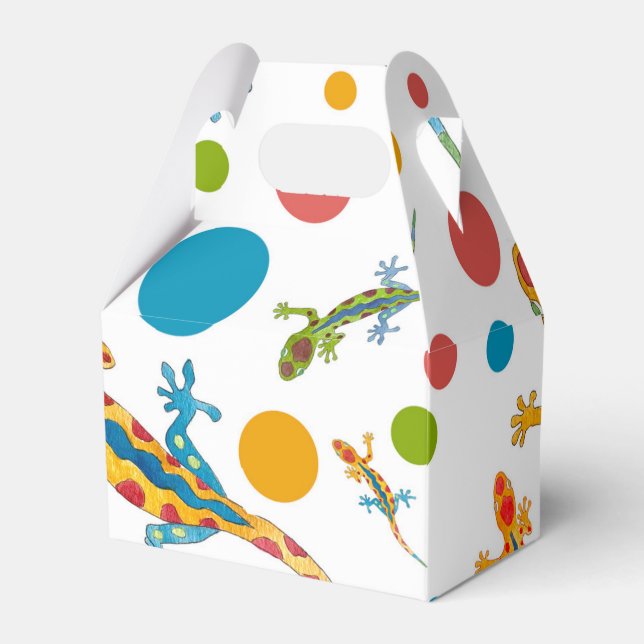 Party favour box with colourful gecko design presentaskar (Framsidan Sidan)