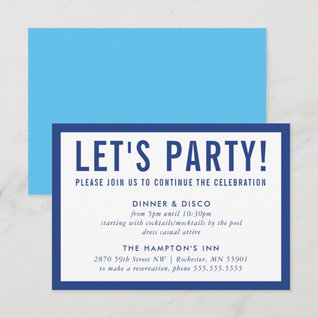 PARTY FIRANDE INFO: enkel modern, djärv blått Inbjudningar (Fram/baksida)