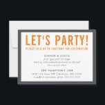 PARTY FIRANDE INFO modern djärv grått orange Inbjudningar<br><div class="desc">med kat massard >> www.simplysweetPAPERIE.com <<< En enkel design för dina PARTY-CARDS - för att matcha dina huvudinbjudningar. Kärlek, men jag skulle vilja se vissa förändringar - ett annat färg-system, produkt, tillsätt ett foto eller anpassat för ett annat tillfälle - ingen oro bara kontakta mig, KAT@SIMPLYSWEETPAPERIE.COM jag är lycklig för...</div>