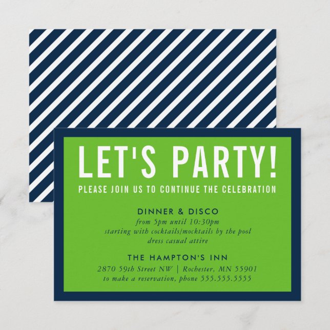PARTY FIRANDE INFO - modern, djärv grönt marinblåt Inbjudningar (Fram/baksida)