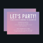 PARTY FIRANDE-kort, modern lila rosa gradient Inbjudningar<br><div class="desc">med kat massard >> www.simplysweetPAPERIE.com <<< En enkel design för dina PARTY-CARDS - för att matcha dina huvudinbjudningar. Kärlek, men jag skulle vilja se vissa förändringar - ett annat färg-system, produkt, tillsätt ett foto eller anpassat för ett annat tillfälle - ingen oro bara kontakta mig, KAT@SIMPLYSWEETPAPERIE.COM jag är lycklig för...</div>