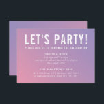 PARTY FIRANDE-kort, modern lila rosa gradient Inbjudningar<br><div class="desc">med kat massard >> www.simplysweetPAPERIE.com <<< En enkel design för dina PARTY-CARDS - för att matcha dina huvudinbjudningar. Kärlek, men jag skulle vilja se vissa förändringar - ett annat färg-system, produkt, tillsätt ett foto eller anpassat för ett annat tillfälle - ingen oro bara kontakta mig, KAT@SIMPLYSWEETPAPERIE.COM jag är lycklig för...</div>