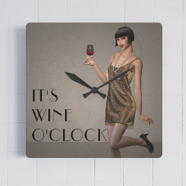 Party Flapper Girl Det är Vin O'Clock Wall Clock Fyrkantig Klocka