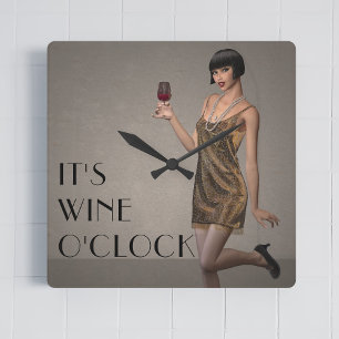 Party Flapper Girl Det är Vin O'Clock Wall Clock Fyrkantig Klocka