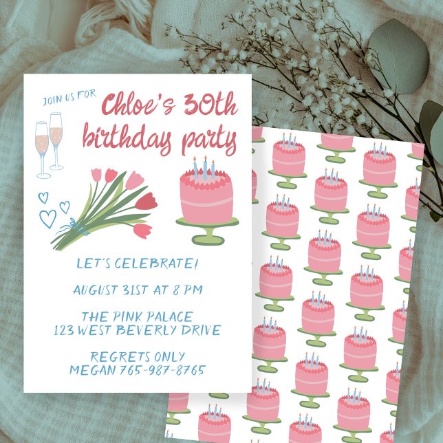 Party Flickaktigt i 30års födelsedag Cute Anpassni Inbjudningar (Whimsical 30th Birthday Party Girlie Cute Custom Invitation
)