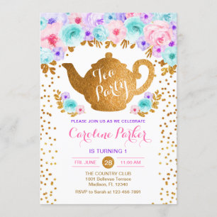 Party-födelsedag i Tea - Guld White Rosa Teal Lila Inbjudningar