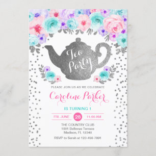 Party-födelsedag i Tea - Silver White Teal Rosa Li Inbjudningar