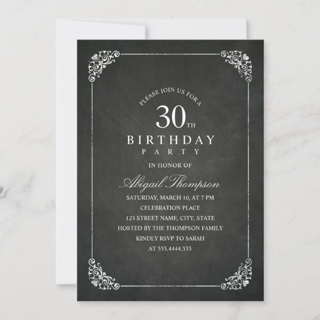 Party för 30års födelsedag för svart tavla för inbjudningar (Framsida)