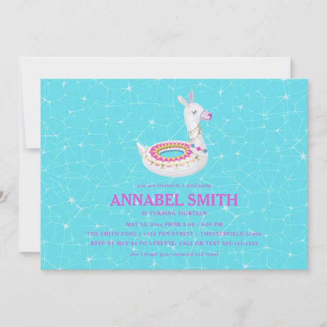Party för bassäng för Llamaflötefödelsedag Inbjudningar (Framsida)
