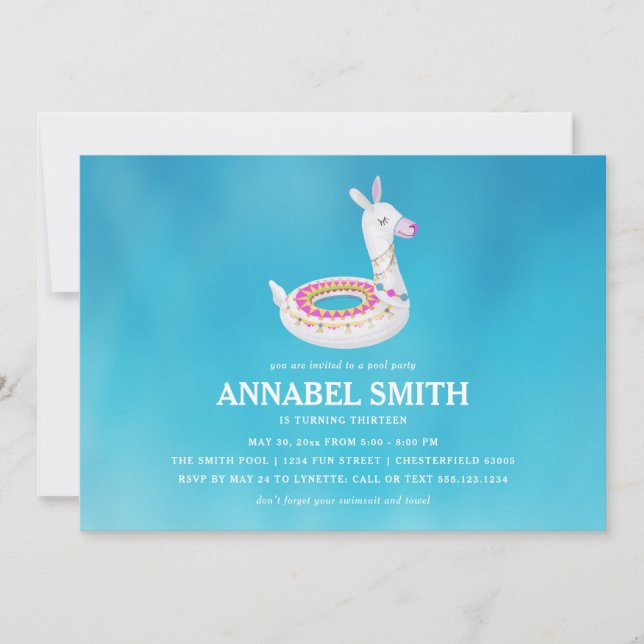 Party för bassäng för Llamaflötefödelsedag Inbjudningar (Framsida)