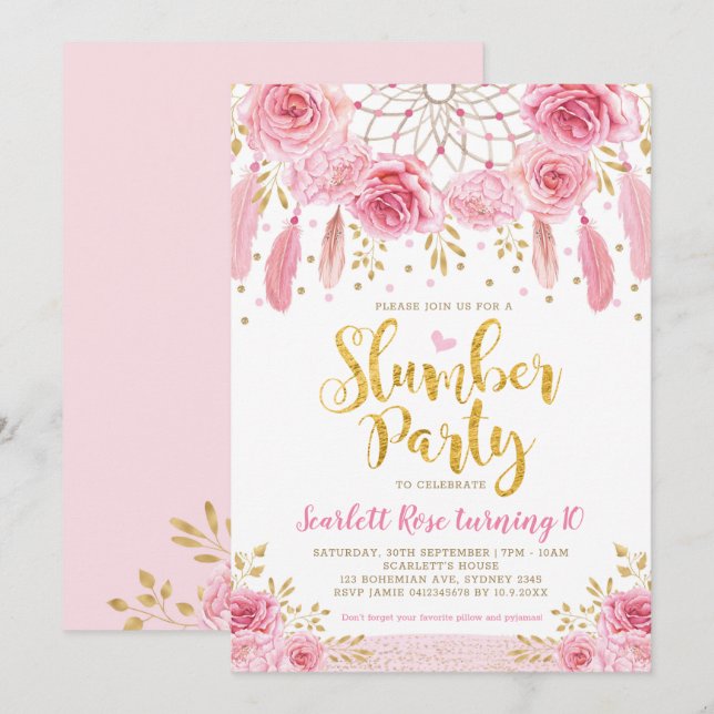 Party för Boho stam- rosa rosDreamcatcher slummer Inbjudningar (Fram/baksida)