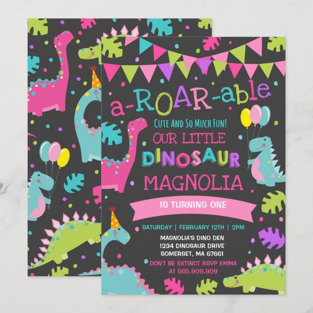 Party för Dinosaur för flicka för Inbjudningar (Fram/baksida)