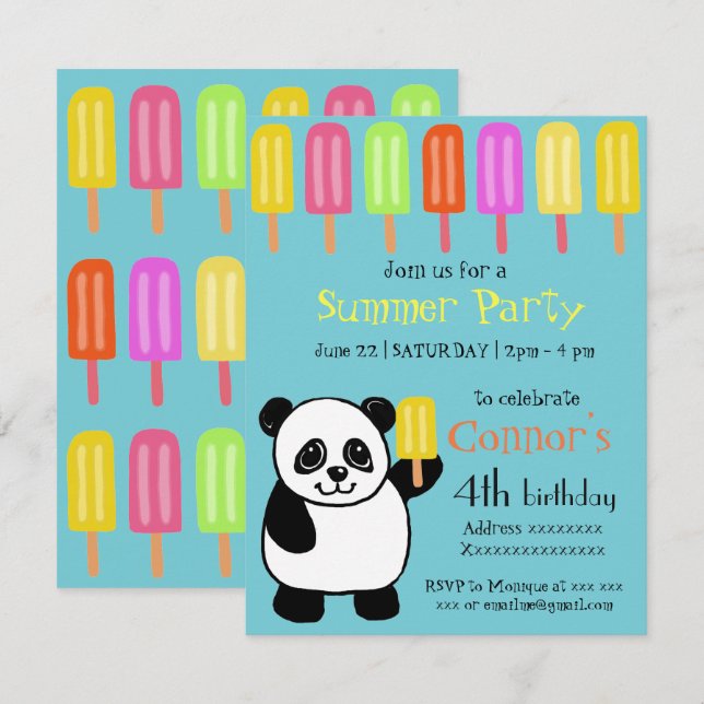 Party för Pandabjörnsommar med Popsicles Inbjudningar (Fram/baksida)
