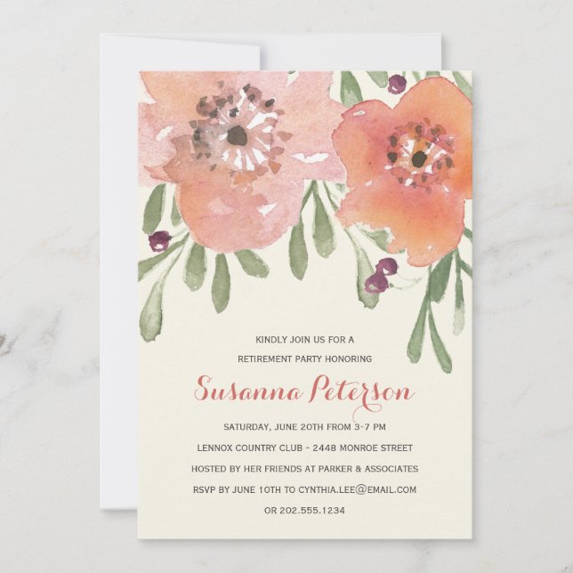 Party för pension för pastellfärgad vattenfärg för inbjudningar (Framsida)