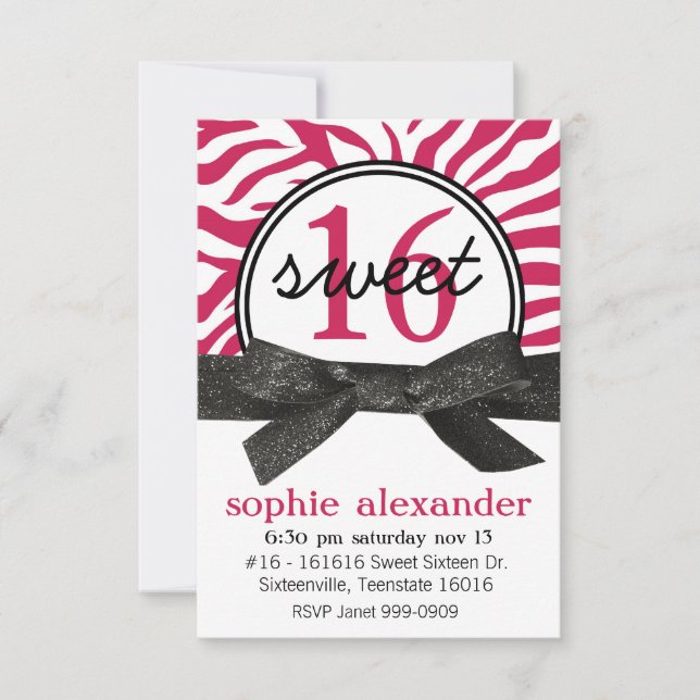 Party för sötsak 16 för gulliga shock rosa zebra inbjudningar (Framsida)