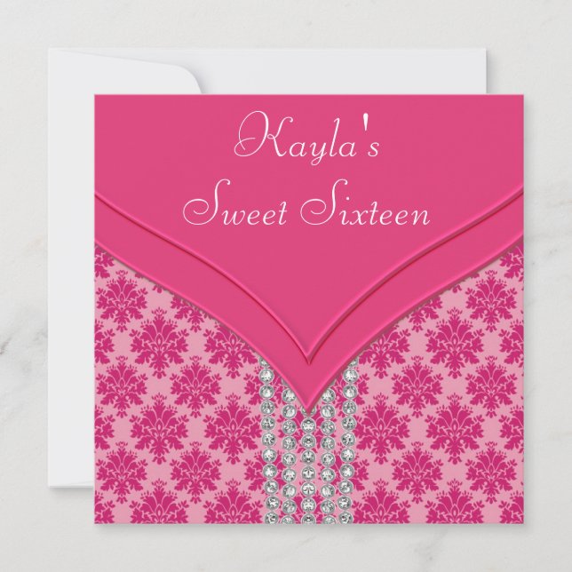 Party för sötsak 16 för shock rosa damastast inbjudningar (Framsida)
