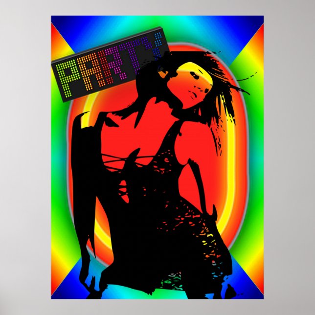 Party Girl in Black Dress Neon Färg Poster (Framsidan)