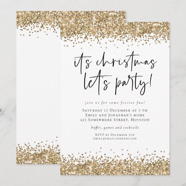 Party Glam guld, jultomten i Glitter Inbjudningar (Fram/baksida)
