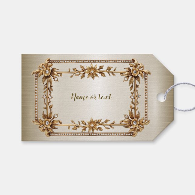 Party Guld Ornate Rectangle Dimond Flowers Shiny Presentetikett (Framsidan (Horisontell))