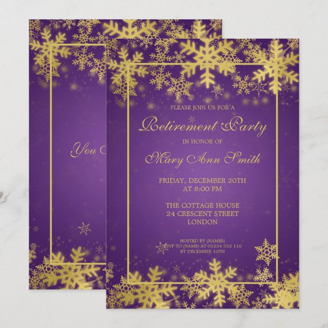 Party Guld  Pension Lila Snöflingor Inbjudningar (Fram/baksida)