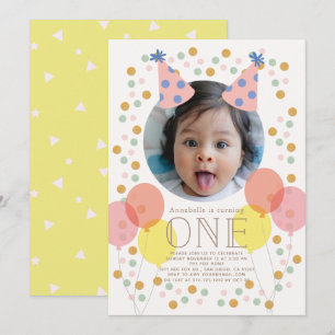 Party Hats & Balloons Rosa Foto 1:a födelsedag Inbjudningar