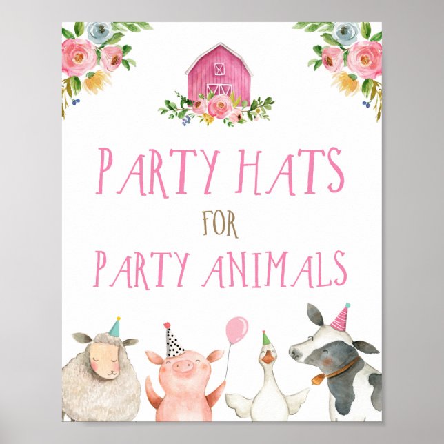 Party Hats Boskap Barnyard Girl Birthday Poster (Framsidan)