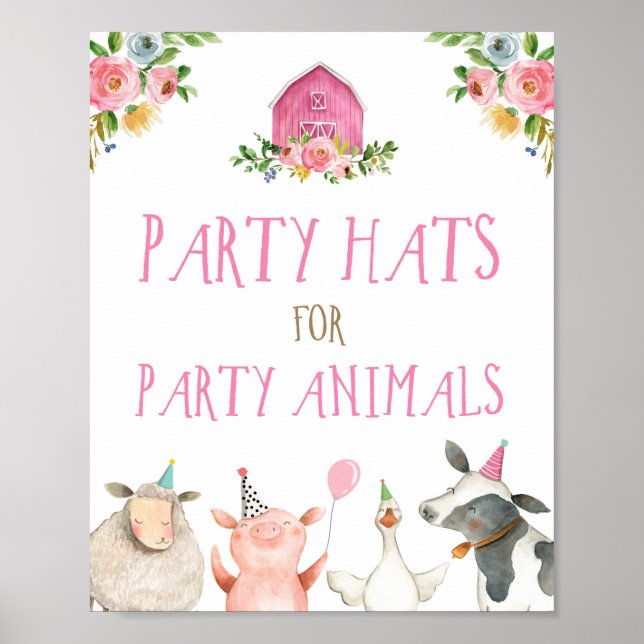 Party Hats Boskap Girl Birthday Rosa Poster (Framsidan)