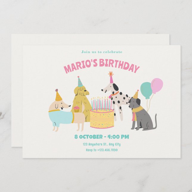 Party Hund färglös pastel färg födelsedag Inbjudningar (Fram/baksida)