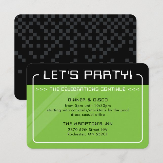 PARTY INFO INSERT modern grönt för spelarsvart Inbjudningar (Fram/baksida)